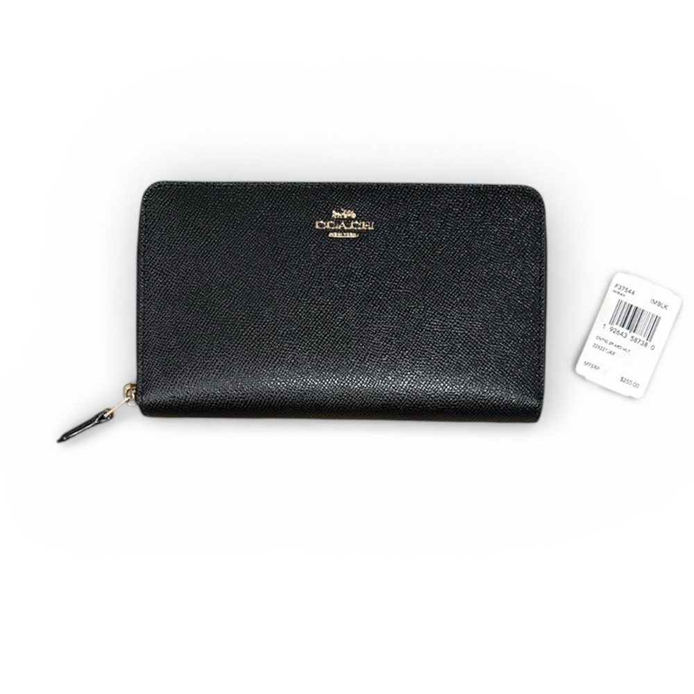 Coach Black Leather Zip Around Wallet Gold Tone Hardware NWT